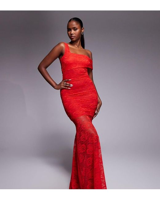 Kaiia Red Exclusive Double Laye Slinky Lace Asymmetric One Shoulder Sheer Hem Maxi Dress
