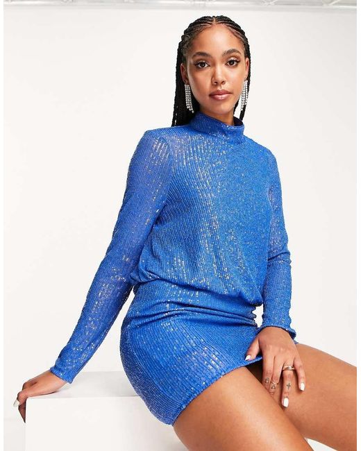 ASOS Blue Sequin Embellished High Neck Mini Dress