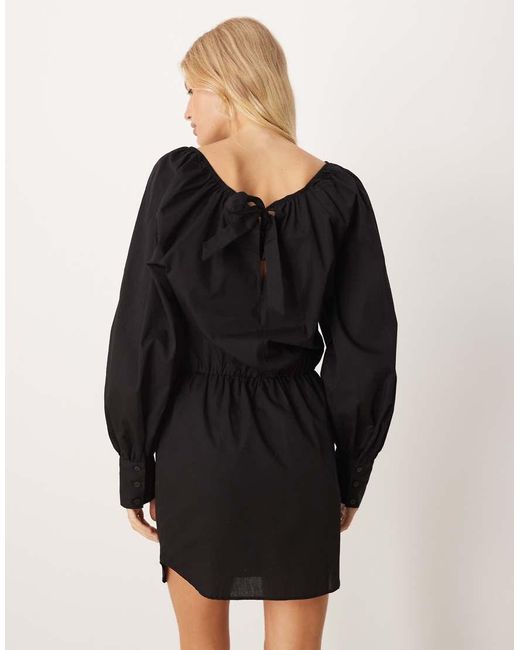 ASOS Black Heavy Poplin Blouson Mini Dress With Tie Back