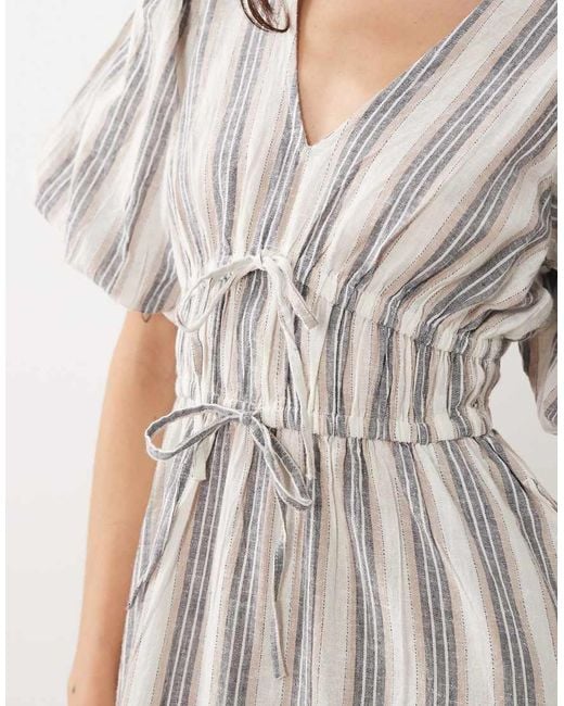 New Look Natural Stripe Puff Sleeve Midi Dress
