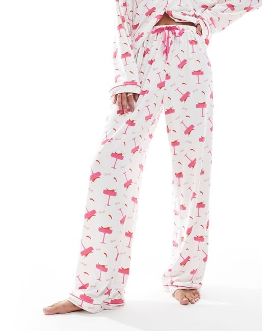 Loungeable Pink Super Soft Jersey Pyjama Revere Top And Wide Leg Pants Set With Piping Detail