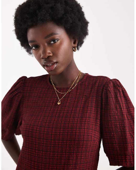 Wednesday's Girl Red Textu Plaid Puff Sleeve Midaxi Dress