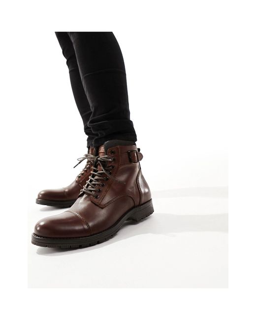 Jack & Jones Black Leather Lace Up Boots With Buckle for men