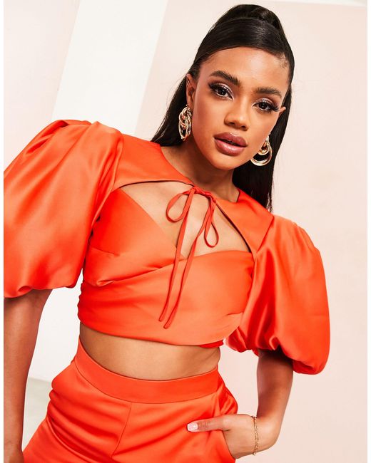 ASOS Puff Sleeve Wrap Satin Top in Red (Orange) Lyst Canada
