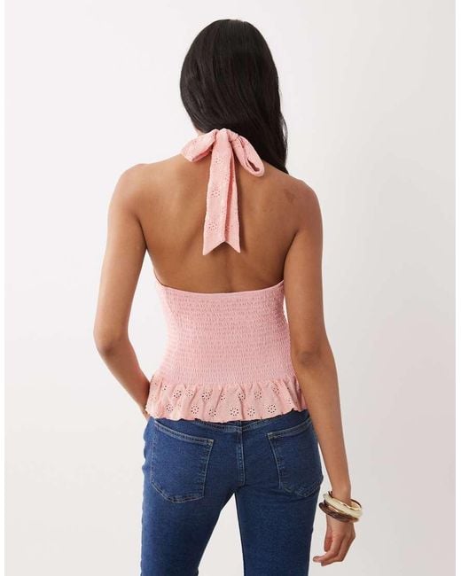 Gina Tricot Pink Halterneck Broderie Anglaise Top