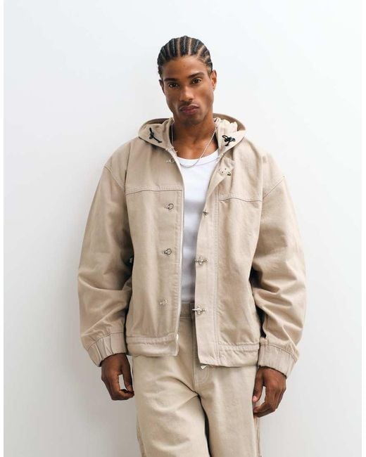Liquor N Poker Natural Boxy Fireman Clasp Hooded Denim Jacket Co-Ord for men