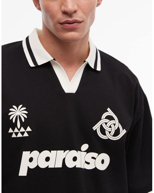 ASOS Black Boxy Oversized Polo With Soccer Graphics for men