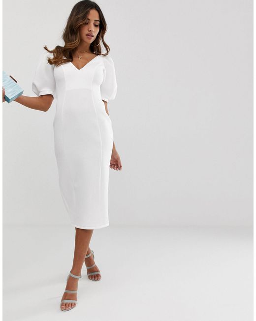 ASOS White Bubble Sleeve Seamed Midi Dress