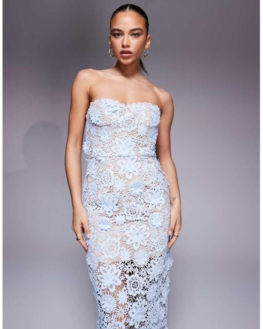 Jarlo Blue Floral Crochet Lace Bandeau Midi Dress