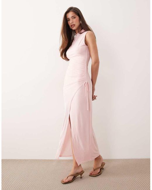 Kaiia Pink Exclusive Double Layered Slinky High Neck Tie Side Detail Maxi Dress