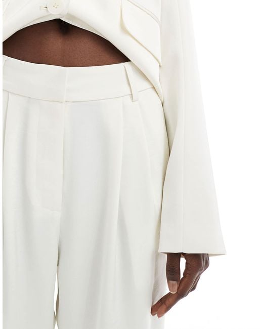 4th & Reckless White Satin Tailored Pleat Detail Straight Leg Trousers Co-ord