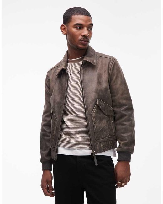 AllSaints Brown Marland Zip Through Leather Aviator Jacket for men
