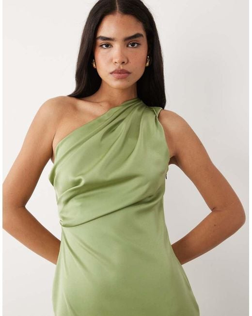 ASOS Green One Shoulder Satin Maxi Dress With Pleat Detail
