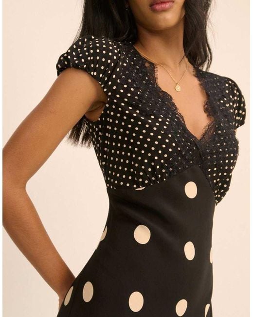 Nobody's Child Natural Polka Dot Lace Trim Satin Gloria Maxi Dress