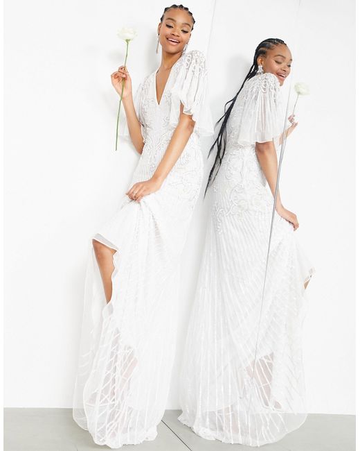 ASOS White Eliza Flutter Sleeve Embellished Wedding Dress