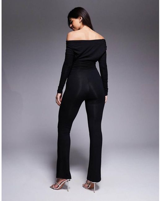 Oh Polly Blue Erisen Stretch Jersey Off Shoulder Straight Leg Jumpsuit