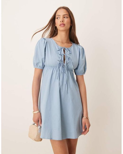 esmé studios Blue Esmee Exclusive Tie Front Puff Sleeve Mini Beah Dress