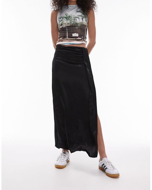 TOPSHOP Black Satin Tuck Midi Skirt