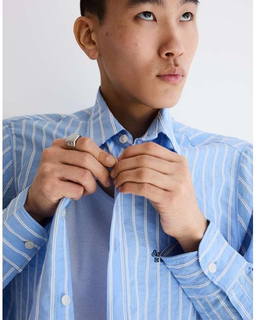 Bershka Blue Embroidered Long Sleeve Shirt for men