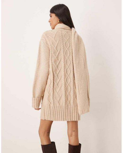Pretty Lavish Natural Scarf Neck Cable Knit Mini Jumper Dress