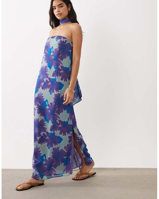 Mango Blue Teen Neck Detail Off Shoulder Maxi Dress