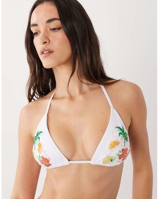 New Look White Palm Print Beaded Triangle Bikini Top