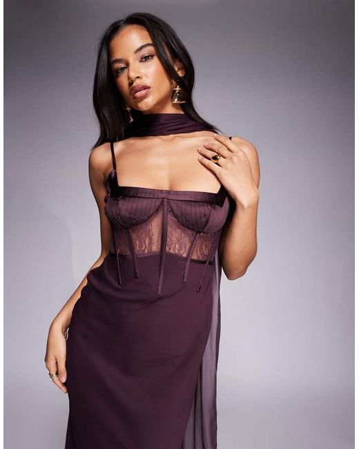 ASOS Purple Cami Satin And Lace Slip Midi Dress With Scarf Detail