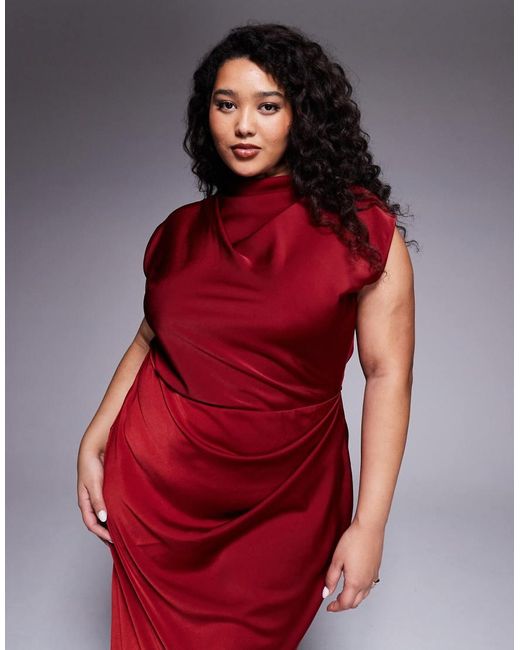 ASOS Red Asos Design Curve Satin High Neck Pleated Bodice Midi Dress