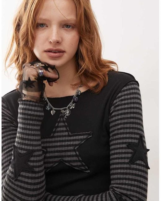 Minga Black London Long Sleeve Striped Star Patch Top