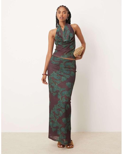 ASOS Brown Printed Gauzy Sheer Mesh Paisley Maxi Low Rise Skirt Co Ord
