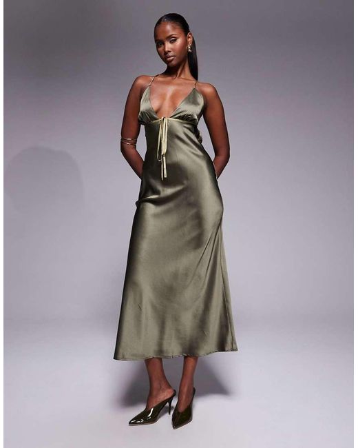 ASOS Green Satin Bias Cut Cami Midi Dress With Contrast Tie Detail