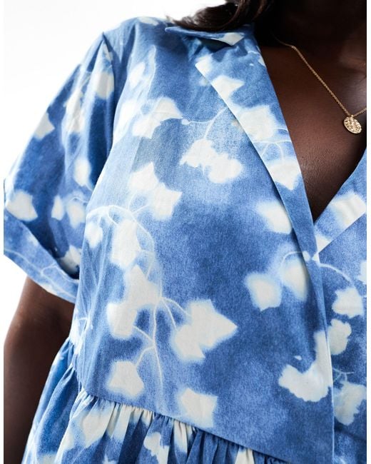 ASOS Blue Asos Design Curve Mini Shirt Dress With Revere Collar And Corset Hem