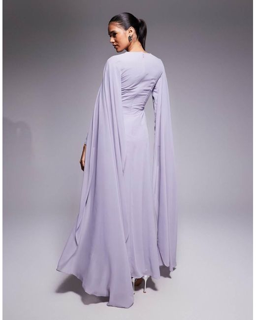 Beauut Purple Chiffon Wrap Front Sleeve Drama Cape Detail Maxi Dress