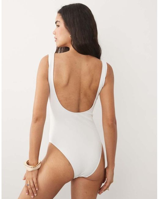 4th & Reckless White Crinkle Square Neck Low Back Bead Keyhole Detail Swimsuit