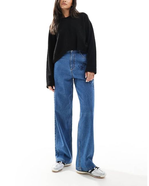 Miss Selfridge Blue Embroidered Floral baggy Jeans