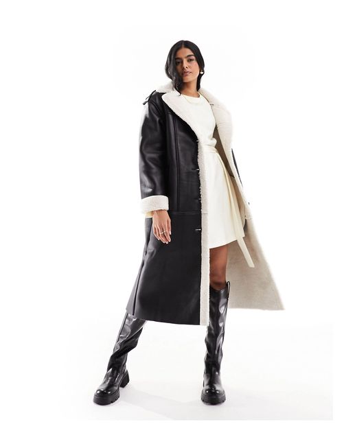 ONLY Black Faux Leather Longline Aviator Coat