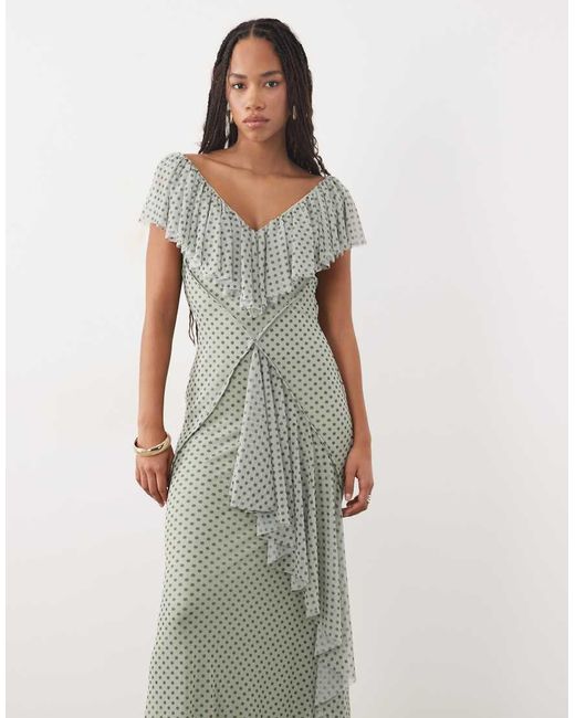 ASOS White Printed Mesh Ruffle Maxi Dress With Open Back