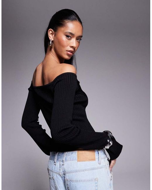 ASOS Gestructureerde Bardot Top Met Lange Mouwen En Ribdetails in het Gray