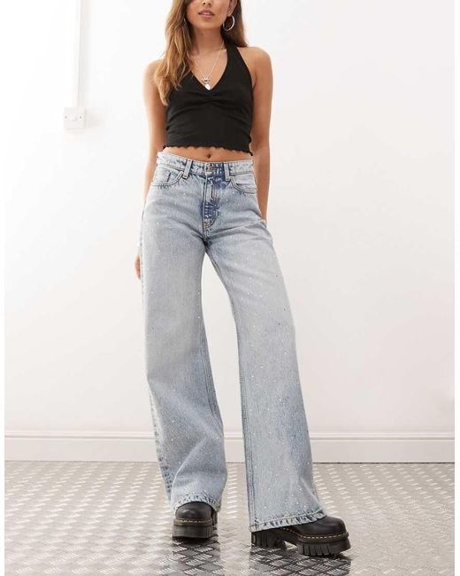 Monki White Paz Mid Waist Loose Wide Leg Embellished Jeans