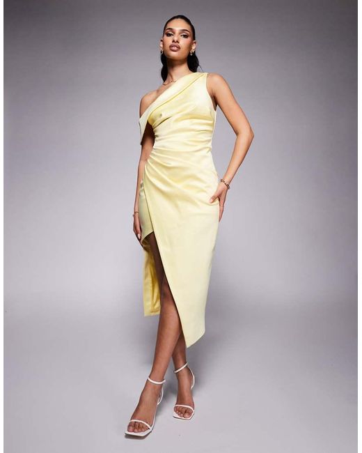 Lavish Alice Blue Asymmetric Neckline Pleated Satin Midi Dress