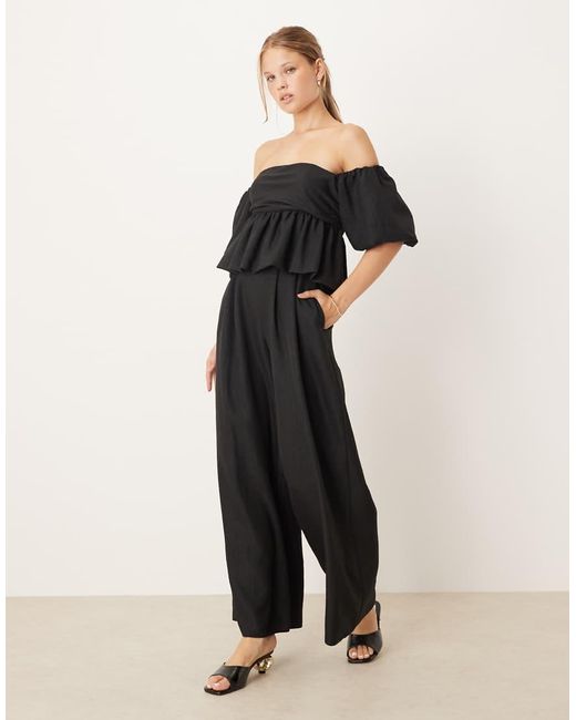ASOS Natural Bardot Extreme Puff Sleeve Peplum Jumpsuit