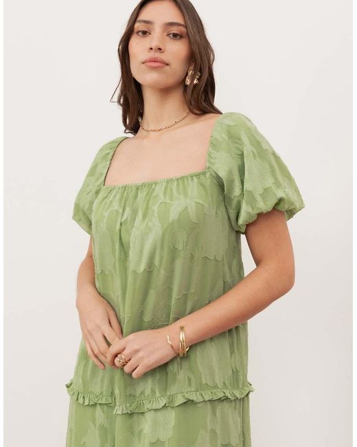 ANAYA Green Floral Burnout Short Sleeve Tiered Maxi Dress
