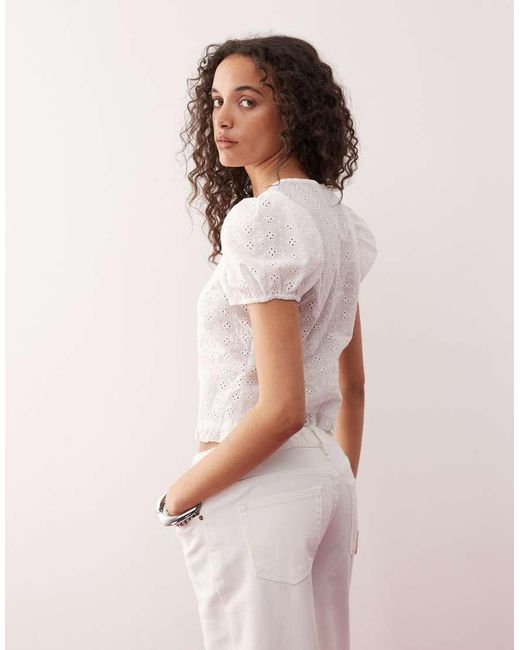 Lioness White Broderie Puff Sleeve Button Down Tie Detail Cropped Top