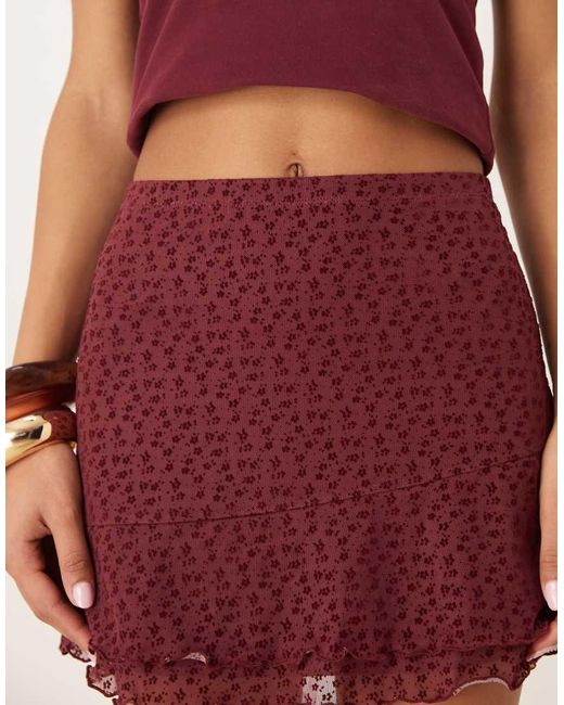 ASOS Red Lettuce Hem Floral Flock Mesh Mini Skirt