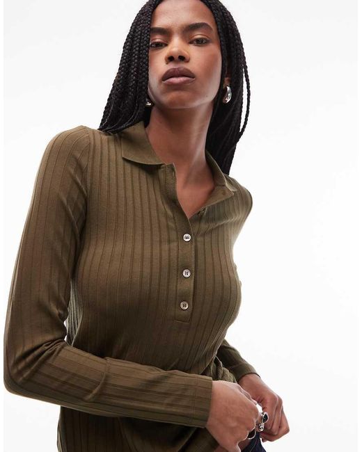 ARKET Black Stretch Jersey Rib Top With Deep Placket Polo Collar