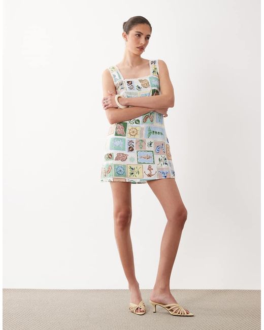 Nobody's Child Blue Ciara Linen Blend Square Neck Sleeveless Mini Dress