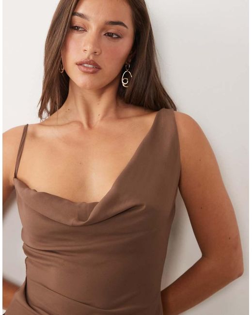 Missy Empire Brown Satin Asymmetric Shoulder Detail Drape Ruched Side Maxi Dress