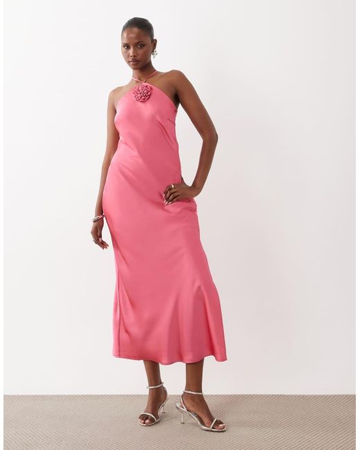 Y.A.S Pink Halter Neck Rosette Detail Satin Maxi Dress