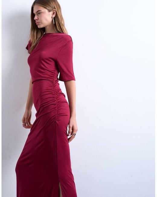 TOPSHOP Red Short Sleeve Asymmetric Slinky Maxi Dress