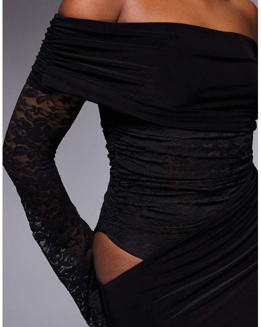 Kaiia Blue Exclusive Double Layered Slinky Lace Off The Shoulder Maxi Dress